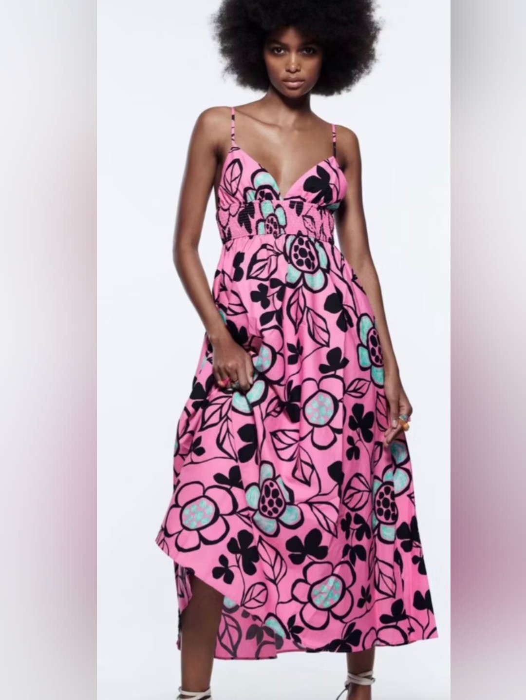 Zara Printed Poplin Midi Dress Voluminous Fuschia Pink Floral Spaghetti-Strap- M